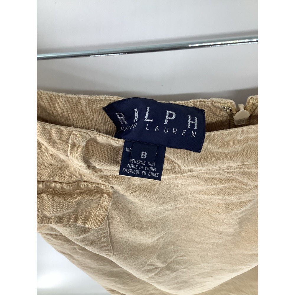 Ralph Lauren Khaki Tan Linen Utility Midi Skirt Size 8 High Waist Front Pockets